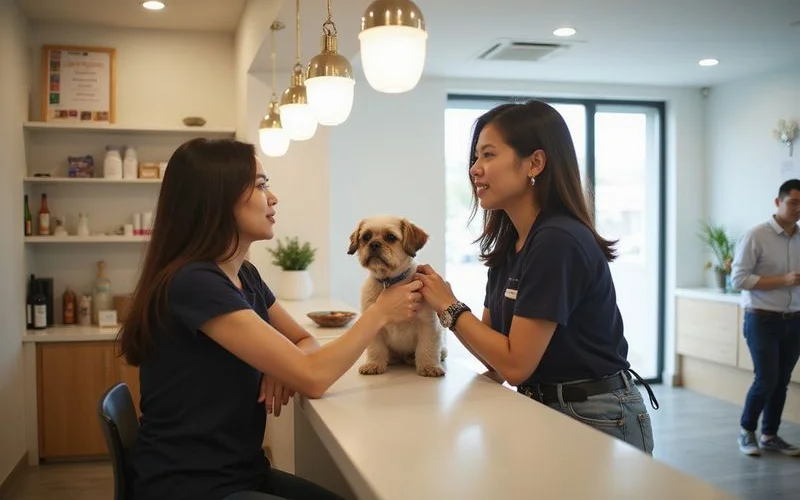 An owner reviewing grooming options on a phone while a calm dog sits beside her in a bright, clean Puchong pet salon waiting area