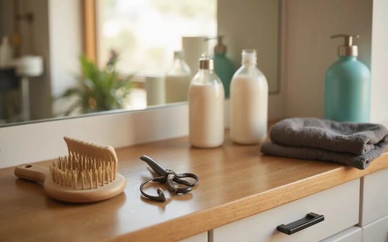 A checklist on a clipboard placed beside grooming tools including clippers, a brush, and nail trimmers on a tidy grooming table in a bright pet salon