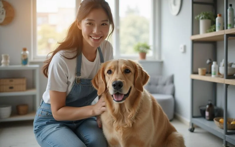 A professional pet groomer in a clean, well-lit Puchong salon carefully bathing a calm golden retriever while the owner watches from a waiting area nearby