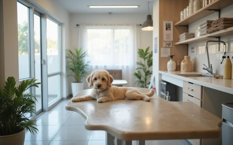 A professional pet groomer in a clean Puchong salon carefully bathing a fluffy dog while another groomer trims a cat nearby