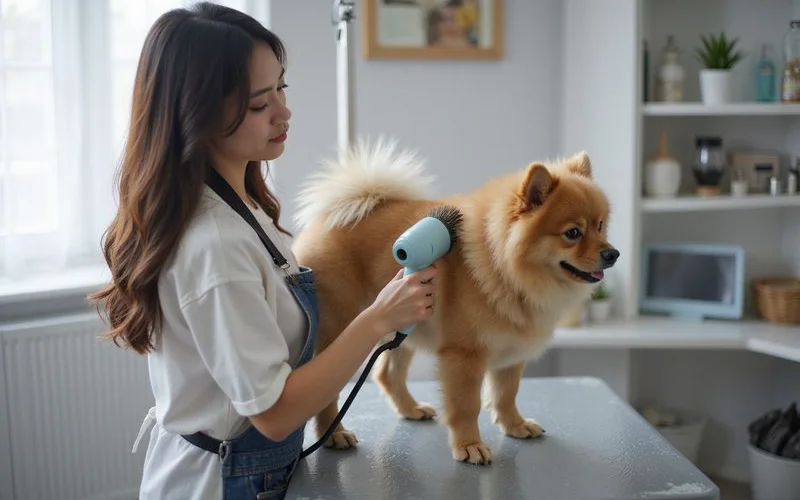 A calm cat receiving a gentle spa bath treatment at a well-lit, clean pet grooming facility with attentive staff nearby